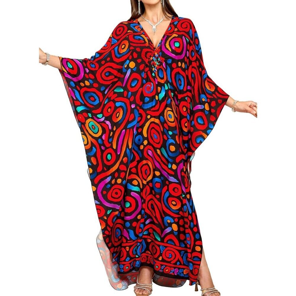 Women's Black African V Neck Batwing Sleeves Floral Summer Cover Up Kaftan Dress